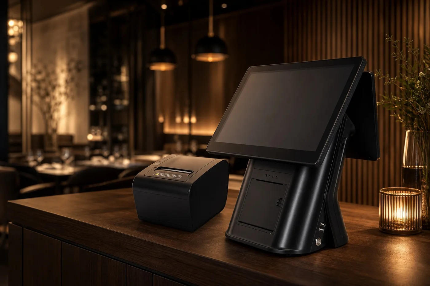POSprom Kassensystem in der Gastronomie — Touch-Terminal mit Kundendisplay und Bondrucker