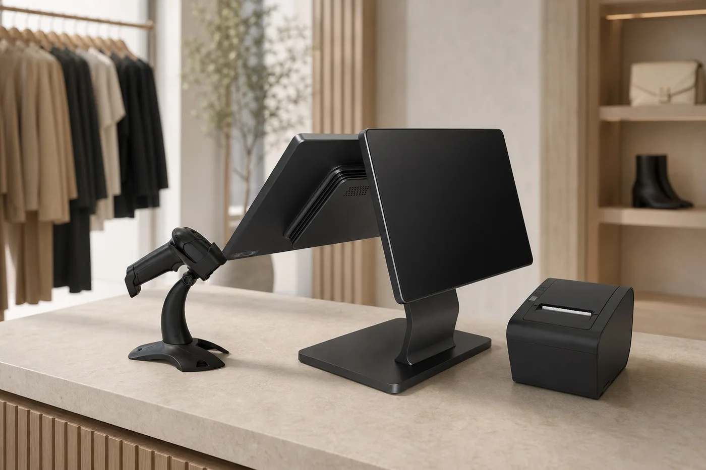 POSprom Kassensystem im Einzelhandel — Touch-Terminal, Handscanner und Bondrucker